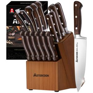 Conjunto de Facas em Aço Inoxidável com Afiador Embutido e Bloco de Bancada 15 Peças, ASTERCOOK, Marrom