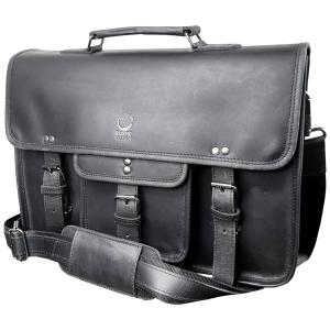 Bolsa Carteiro Masculina Couro de Búfalo para Laptop com 16 Polegadas, RUSTIC TOWN, Preta