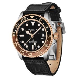 Relogio Meridian 3968L GMT 42mm, mostrador preto, moldura rosa, pulseira de couro preto, fivela de implantacao Stuhrling