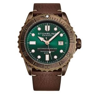 Relogio Automatico Swiss Depthmaster Heritage 1003L 44MM, Mostrador Verde e Cobre, Pulseira de Couro Marrom Stuhrling.