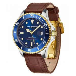 Relogio Swiss Automatico Depthmaster 883L 42mm Mostrador Azul e Amarelo Prateado com Pulseira de Couro Marrom e Fivela Stuhrling