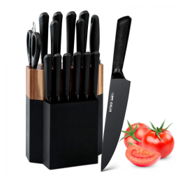 Conjunto de Facas Vvwgkpk em Aço Inoxidável com Bloco de Bancada Multinível, 15 Peças, Preta