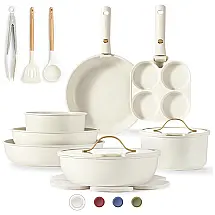 Jogo de Panelas e Frigideiras Antiaderentes, Material em Granito com 19 Peças, Utensílios de Cozinha e Cabo Removível, CAROTE, Branco Creme