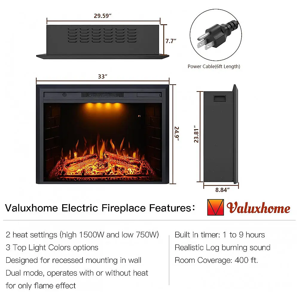 Lareira Elétrica de Embutir A62x83L com Controle Remoto, 1500W, 110V, VALUXHOME VEF30T, Preto — foto 3