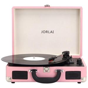 Toca Discos com Bluetooth, Codificação de Reprodução USB, Bateria Integrada e Alto Falantes Estéreo, JORLAI, Rosa