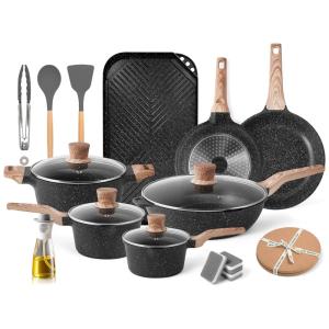 Jogo de Panelas e Frigideiras Antiaderentes em Alumínio com Utensílios, Caannasweis, Cinza