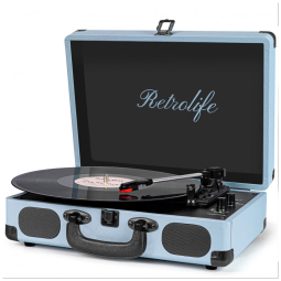 Toca-discos portátil Retrolife 3 Velocidades Bluetooth em Maleta com Alto-falantes Integrados Saída RCA Auxiliar para Fone de Ouvido