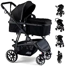 Carrinho de Bebê Hagaday 2-em-1 Preto Reversível com Toldo UPF50+
