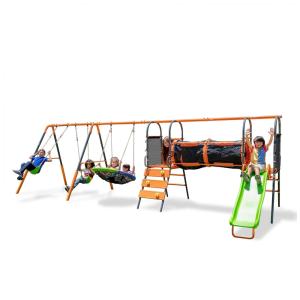 Balanço Jungle Warrior Anaconda Metal Swing Set com Balanço Redondo 114 cm, 2 Balanços de Tecido, Parede de Escalada e Escorregador de 1