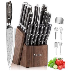 Conjunto de Facas em Aço Inoxidável com Afiador Embutido e Bloco de Bancada 21 Peças, AILUKI, Marrom