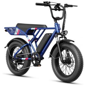 Bicicleta elétrica Jasion RetroVolt azul marinho, pneus 20x4, motor 750W pico 2000W, bateria 48V 13Ah, 7 marchas, suspensão dupla