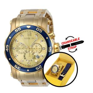 Relógio Masculino de Quartzo Pro Diver com Pulseira Intercambiável, Invicta 23669, Dourado e Azul
