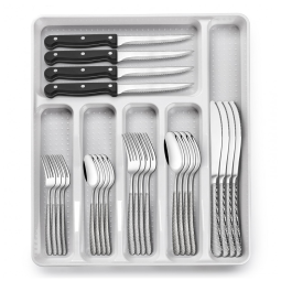 Jogo de Talheres de Prata Martelada com Organizador - 49 Peças, Aço Inox de Alta Resistência p/ 8 Pessoas, Inclui Facas de Mesa