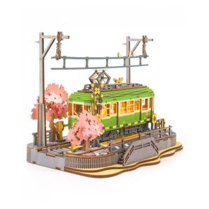 Quebra Cabeças 3D em Madeira para Adultos, Tema Estação de Trem com 223 Peças e Luzes LED, Rolife, Verde e Rosa