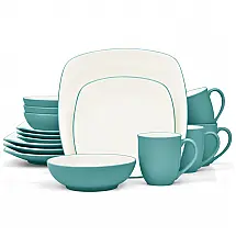 Conjunto de Jantar Noritake 16 Peças em Cerâmica Azul Turquesa, Formato Quadrado, Elegância para Sua Mesa