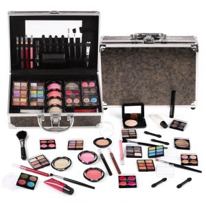 Kit Maquiagem Completo CHARMCODE Dourado Marrom Estojo Alumínio Reutilizável 6 Paletas Sombras Lápis Olhos Lábios Pincéis com Espelho