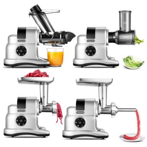 Espremedor de Frutas Multifuncional 5 em 1 com Calha Grande e Triturador de Fatiador, 150W, AMZCHEF, Cinza