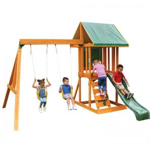 Conjunto de Balanço de Madeira KidKraft Appleton Multicolor com Escorregador Ondulado, Parede de Escalada, Muro de Giz, Caixa de Areia