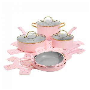Jogo de Panelas e Frigideiras com Revestimento Antiaderente e Tampas de Vidro Temperado, 12 Peças, Paris Hilton, Rosa