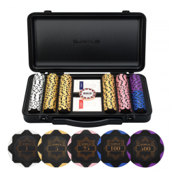 Maleta de Poker com Detalhes de Couro e 300 Fichas Numeradas para Texas Holdem, SLOWPLAY, Preta