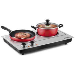 Cooktop Fogão Elétrico Portátil Duplo Queimador de Cerâmica Infravermelho 1800W 110V, CUSIMAX, Prata