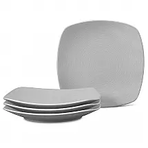 Conjunto de Pratos para Jantar com 4 Peças, Formato Quadrado, Material de Porcelana e Designer em Círculos Concêntricos em Espiral