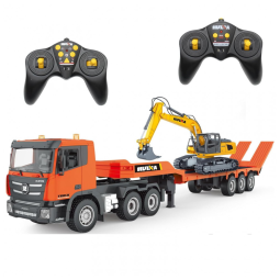 Brinquedo Conjunto Caminhão Semi Truck Escavadeira RC da Fistone, Controle Remoto 2.4Ghz Caminhão Prancha com Brinquedo Escavadeira