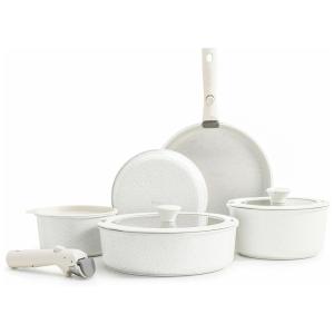 Jogo de Panelas e Frigideiras Antiaderentes, Material em Alumínio com 10 Peças e Cabo Removível, SENSARTE, Branco