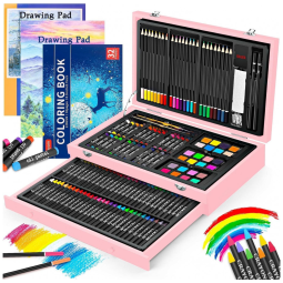 Kit Lápis de Cor Profissional com Maleta de Madeira 150 peças Tintas Acrílicas, Aquarela, IBAYAM 04, Rosa