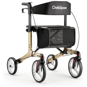 Andador Adulto Idoso com Apoio de Braço, Assento Acolchoado e Cesto, Suporta até 136 kg, OASISSPACE Champagne, Bege