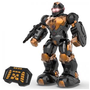 Robô programável STEMTRON marrom com controle remoto, gestos, comando de voz, lançador, músicas, histórias e bateria recarregável