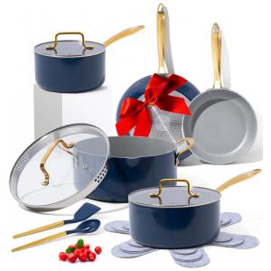 Jogo de Panelas e Acessórios com Revestimento Antiaderente e indução, 15 Peças, STYLED SETTINGS, Azul Marinho e Dourado