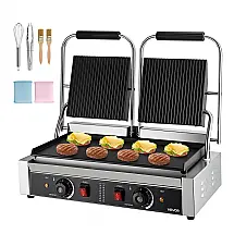 Grill Panini Comercial VEVOR 3600W Dupla Placa Esmaltada Temperatura Ajustável Inox 110V