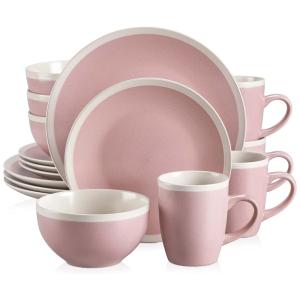 Aparelho de Jantar com 16 Peças em Cerâmica Faiança Incluindo Pratos e Bowls, Vancasso Seesami, Rosa