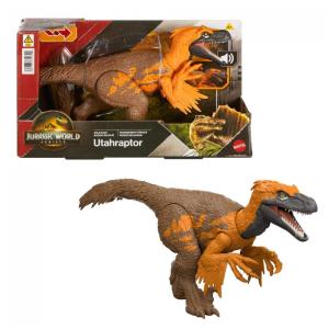 Dinossauro articulado Mattel Jurassic World Rebirth Wild Roar Utahraptor com ataque pela cauda, rugido e integração digital via app