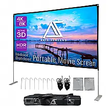 Tela de projeção portátil 125" 16:9 AKIA SCREENS SilkWhite 2 frente e verso com estrutura dobrável para uso interno e externo