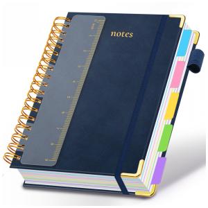 Caderno universitário espiral capa dura GDGDSY B5 8x10, 5 matérias, 300 páginas pautadas, divisórias removíveis, capa couro sintético azul