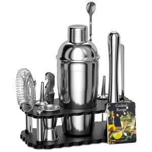 Kit Bartender Profissional 14 Peças em Aço Inoxidável com Suporte de Acrílico Giratório, Bokhot, Prata