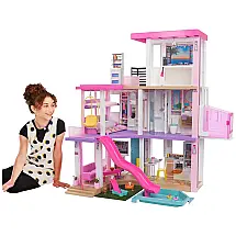 Casa de Bonecas com 75 Acessórios 3 Andares Piscina e Escorregador para Crianças a partir de 3 anos, BARBIE GRG93, Rosa