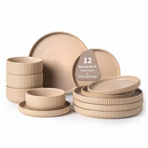 Conjunto de Jantar para 4 Pessoas FOBENTA, 12 Peças em Reativo Fosco Bege Cáqui, Design Único e Durável