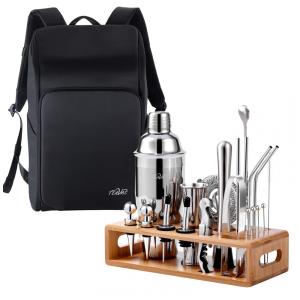 Kit Bartender Profissional 25 Peças em Aço Inoxidável com Suporte de Bambu e Mochila, TEAVAS, Prata