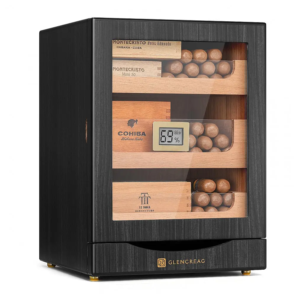 Humidor Gabinete GLENCREAG Ébano Para 150 Charutos Cedro Espanhol Controle Umidade Digital 3 Gavetas