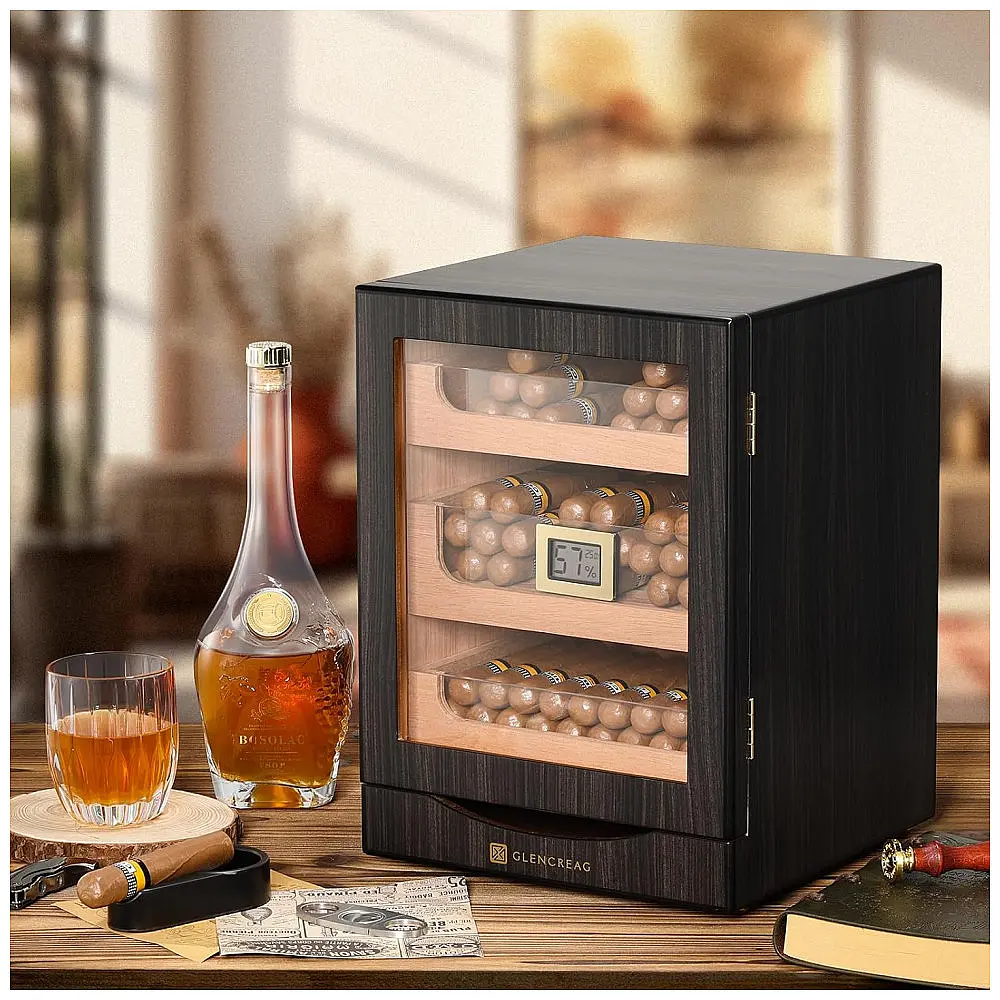Humidor Gabinete GLENCREAG Ébano Para 150 Charutos Cedro Espanhol Controle Umidade Digital 3 Gavetas — foto 2