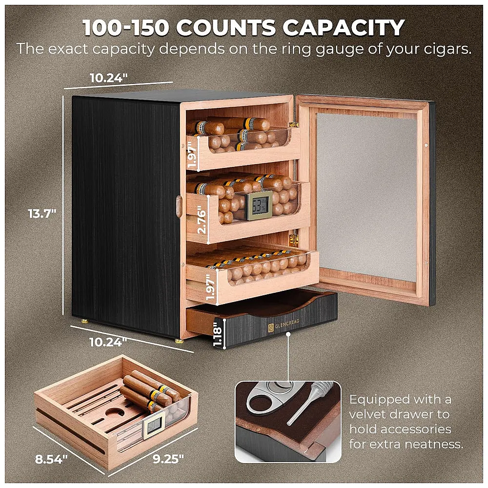 Humidor Gabinete GLENCREAG Ébano Para 150 Charutos Cedro Espanhol Controle Umidade Digital 3 Gavetas — foto 3