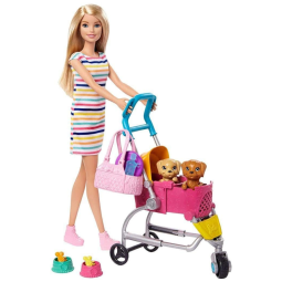Hora do Passeio Divertido com Dois Pets e seu Carrinho para Crianças de 3 Anos ou Mais, BARBIE GHV92, Rosa