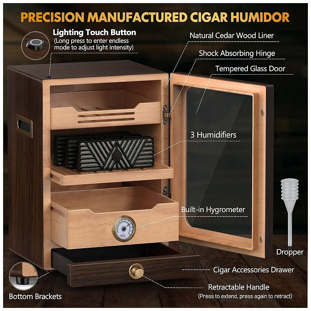 Humidor de Charutos Tesonway Cabinet Nogueira com Iluminação LED, Higrômetro e Gaveta de Acessórios — foto 2