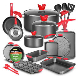 Jogo de Panelas e Frigideiras Antiaderentes em Aço Inoxidável com Utensílios, 21 Peças, NutriChef, Preto