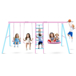 Balanço Infantil Multifuncional 6 em 1 SIHANM Metal Reforçado Rosa e Azul Claro com 3 Balanços Ajustáveis, Escada, Rede de Escalada