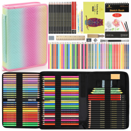 Kit desenho 78 peças Heshengping com estojo, lápis grafite, lápis de cor, carvão, aquarela, metálico e sketchbook 3 cores