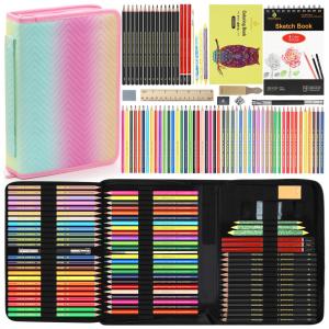 Kit desenho 78 peças Heshengping com estojo, lápis grafite, lápis de cor, carvão, aquarela, metálico e sketchbook 3 cores